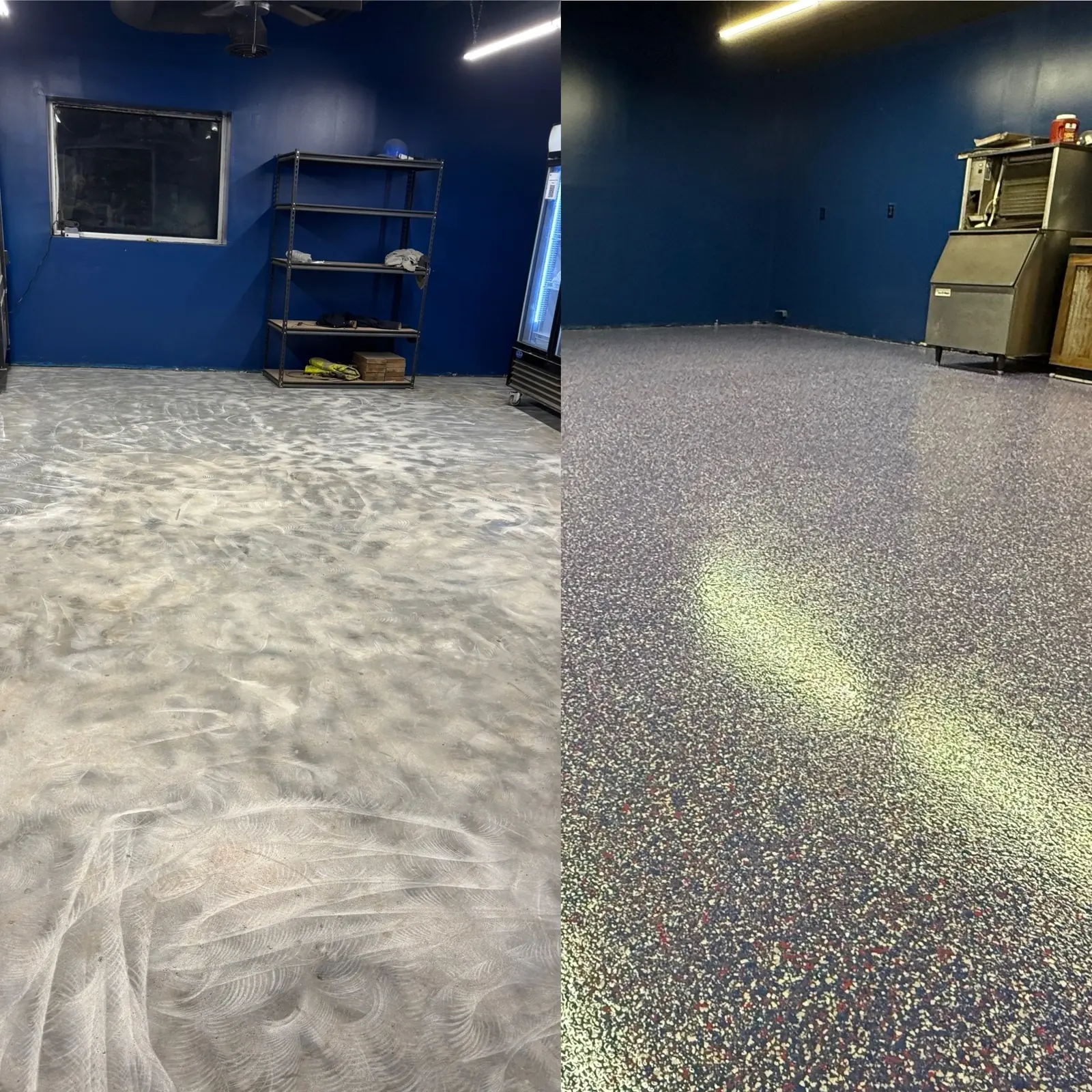 Side-by-side before and after concrete floor transformation